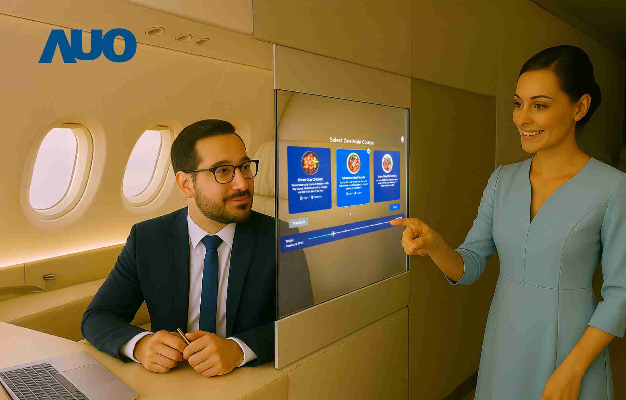 牛牛游戏研发全球最薄17.3 吋双面透明 Micro LED 显示器，，可在同一屏幕之双边投射不同信息，，，创造独特的”透明化”互动；图为实时翻译交流应用情境